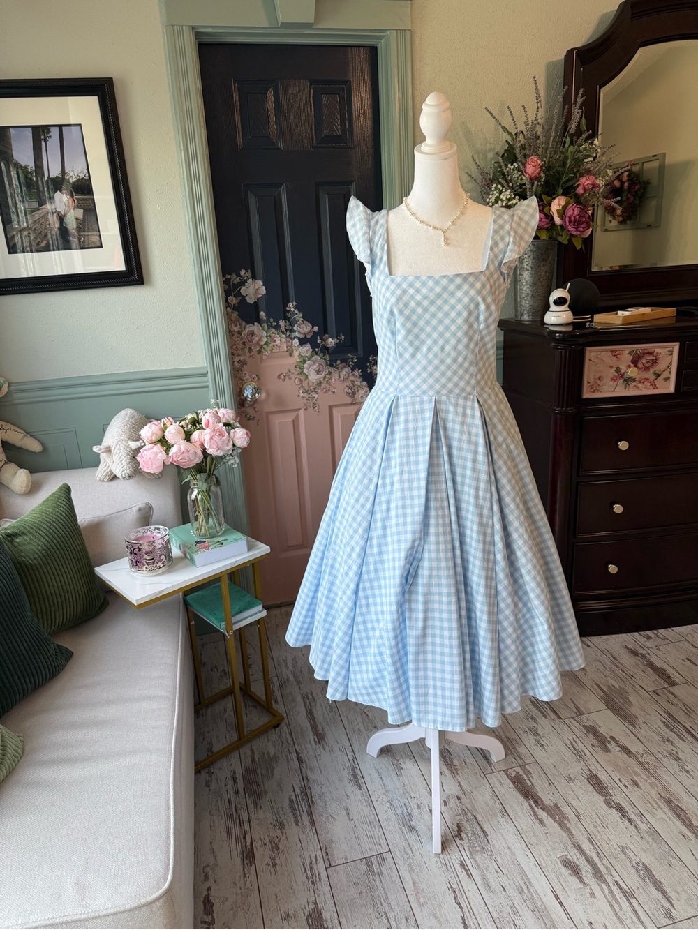 Classic Blue Gingham Dress with Square Neck